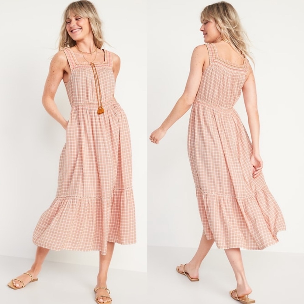 Old Navy Waist Defined Plaid Gingham Maxi Dressโ Size Large Pink Tassel Easter